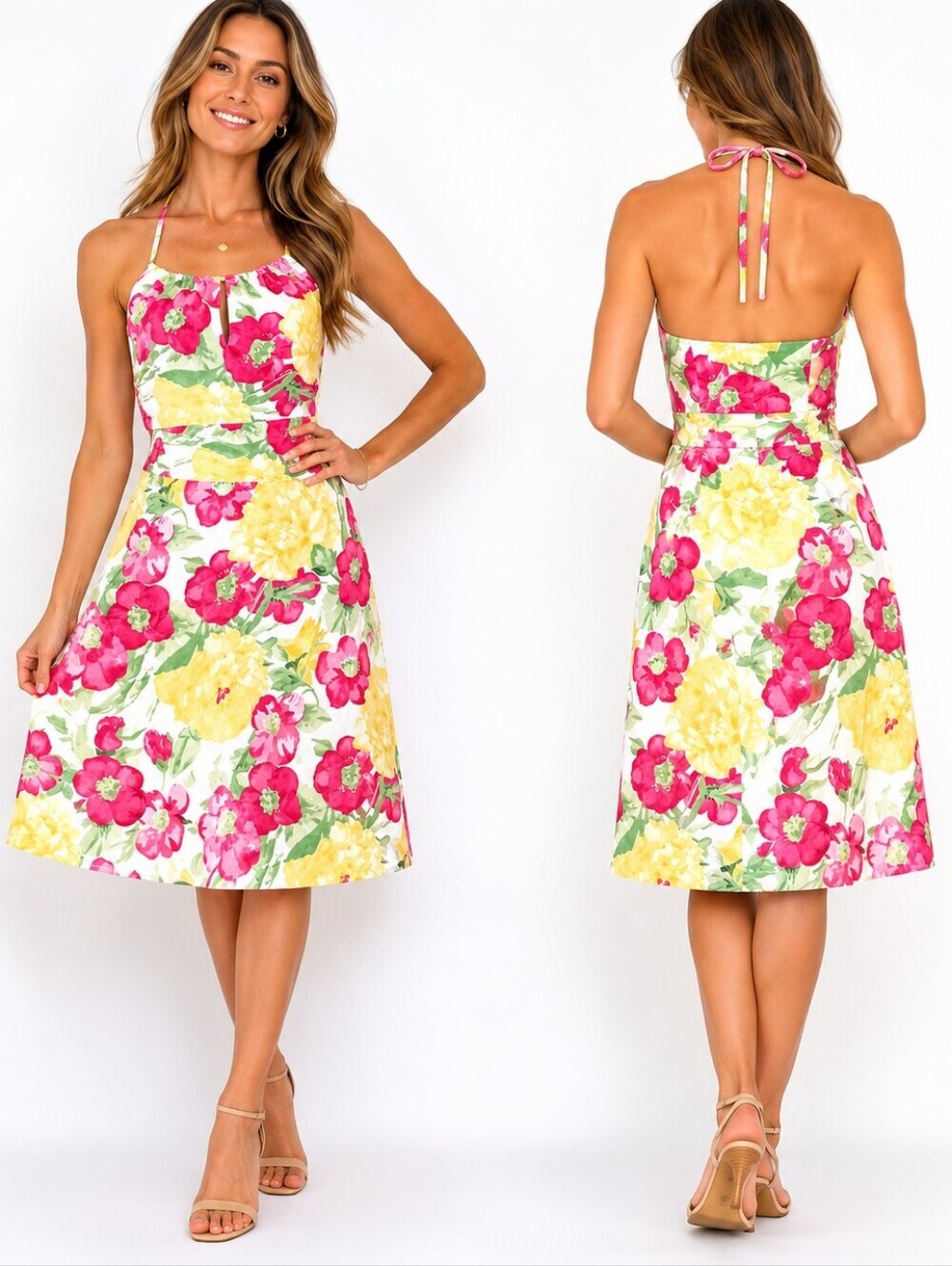 LOFT White Halter Mini Dress with Yellow & Red Floral Print Women's Size 0P